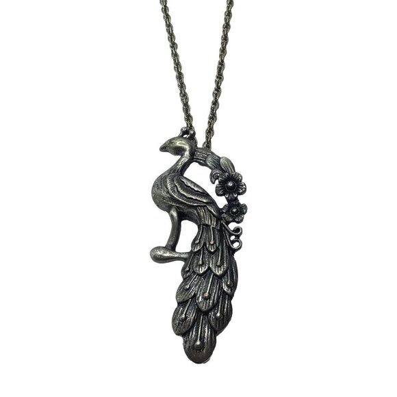 Peacock Pendant Necklace Antique Silver Tone Adjustable Length - Picture 1 of 3